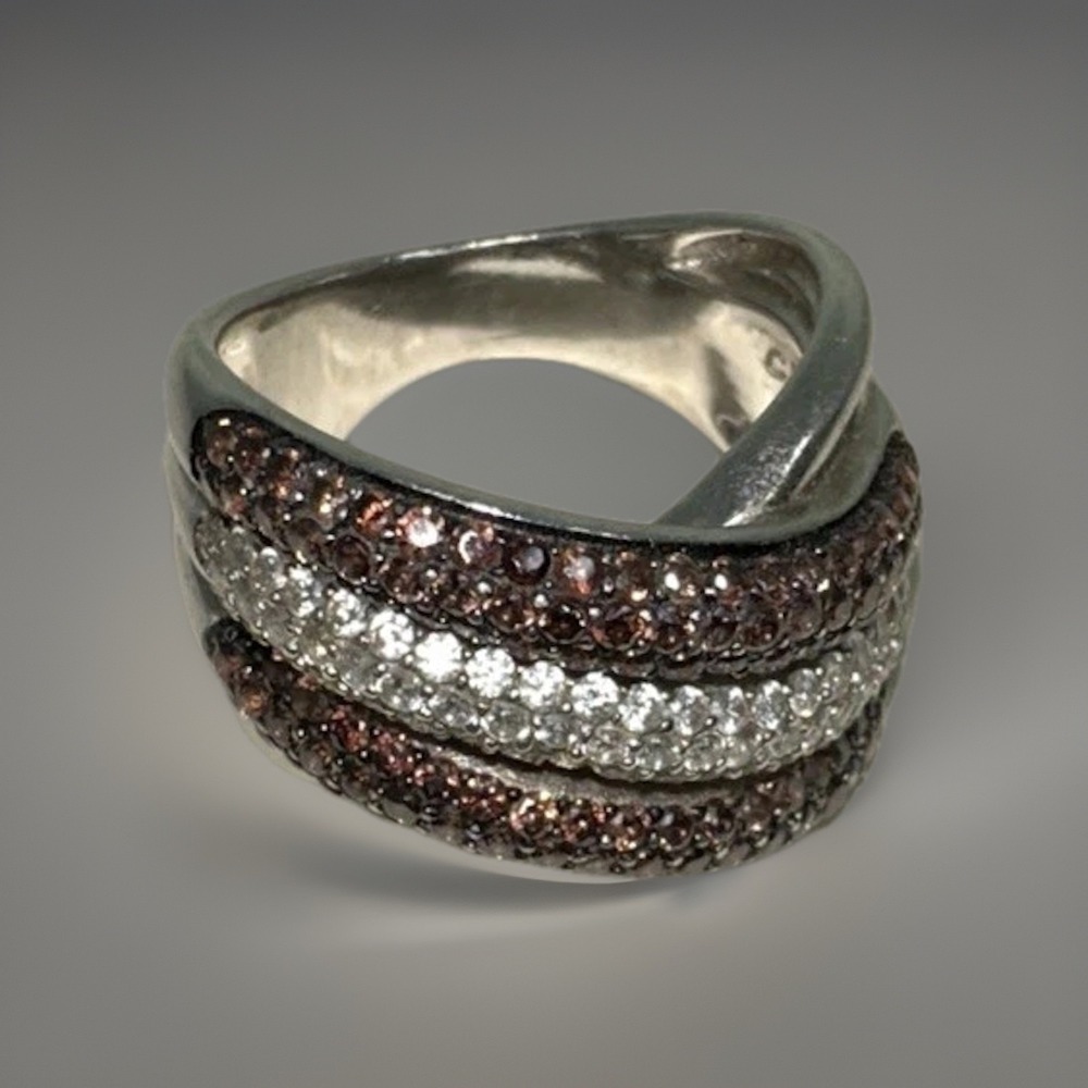 Sterling Silver SC 925 Crossover Pavé Ring w/ Chocolate & White Diamonds – Sz 6